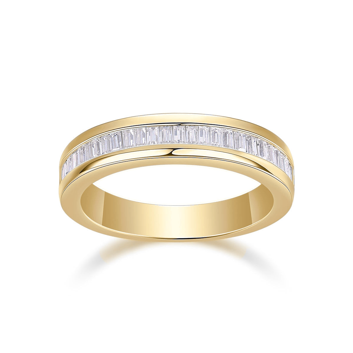 Vanessa Baguette Moissanite Channel Half Eternity Band in 18K yellow gold plating, front view