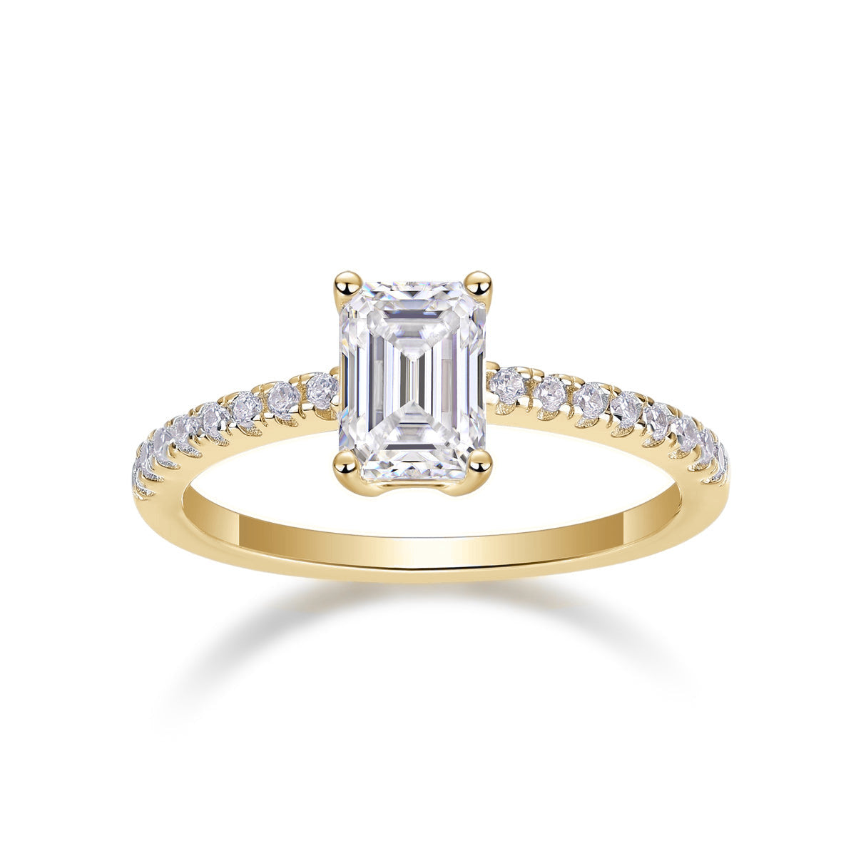 Vera Emerald Cut Moissanite Pavé Engagement Ring in 18K yellow gold plating, front view