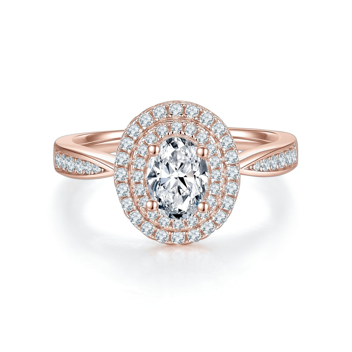 Veronica Oval Moissanite Double Halo Engagement Ring in 18K rose gold plating, front view