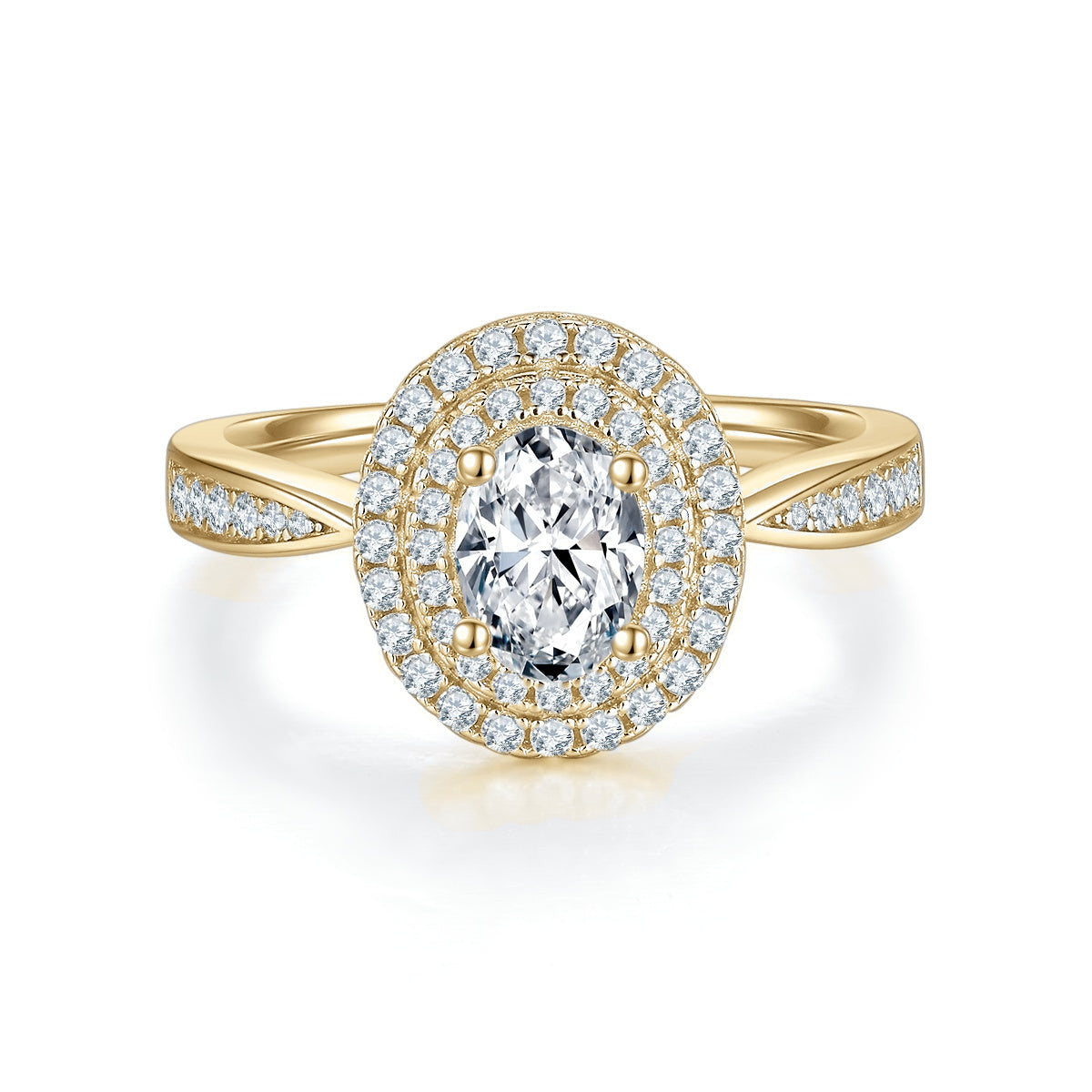 Veronica Oval Moissanite Double Halo Engagement Ring in 18K yellow gold plating, front view