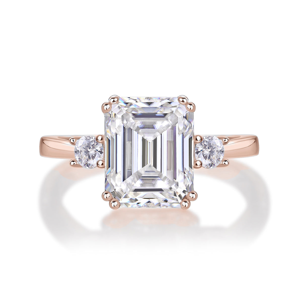 Vienna Emerald Cut Moissanite Three Stone Engagement Ring in 18K rose gold plating