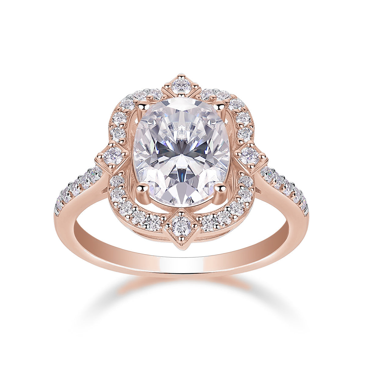 Viola Oval Moissanite Floral Halo Engagement Ring in 18K rose gold plating, front view