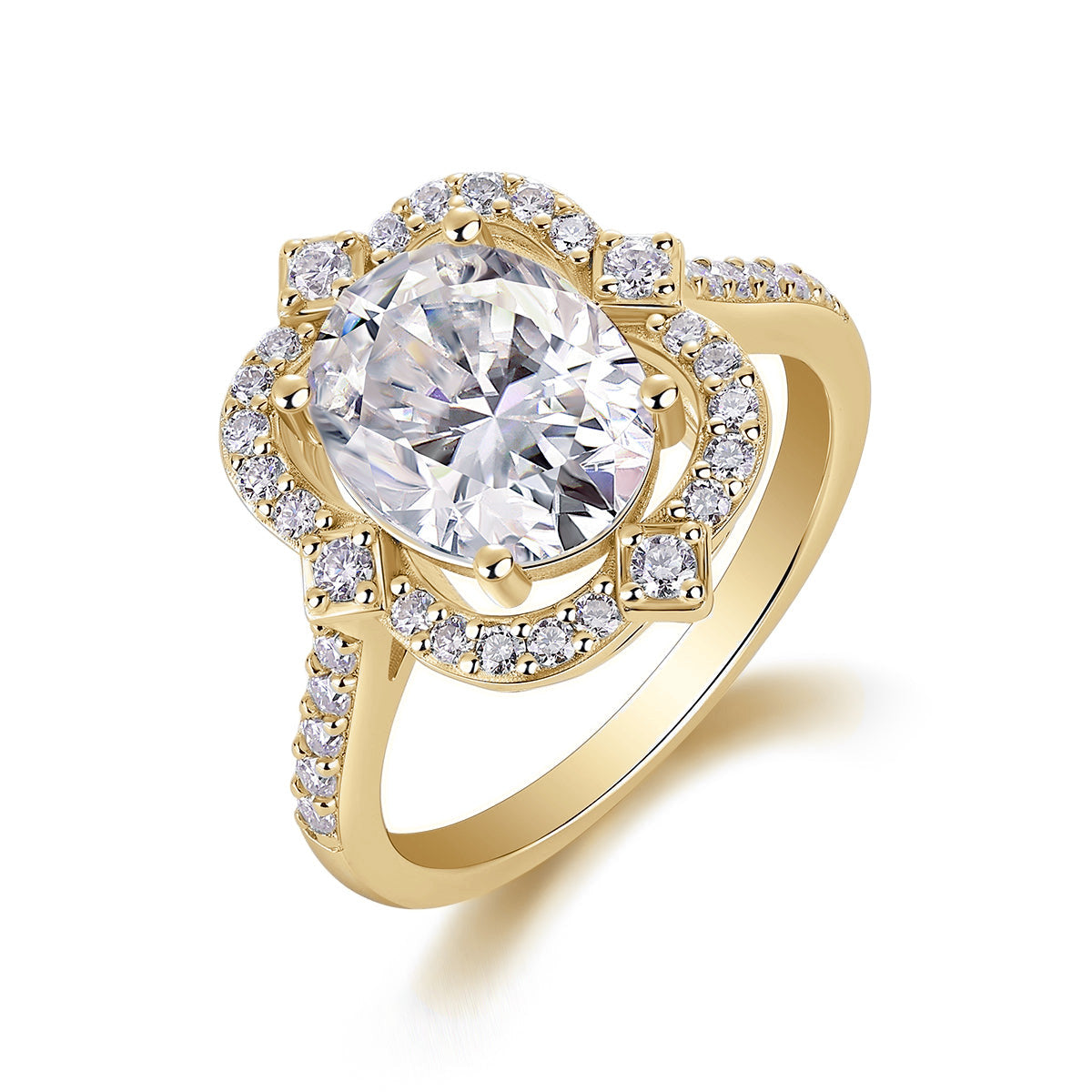 Viola Oval Moissanite Floral Halo Engagement Ring in 18K yellow gold plating, front view