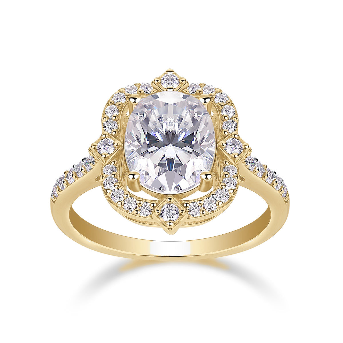 Viola Oval Moissanite Floral Halo Engagement Ring in 18K yellow gold plating, front view