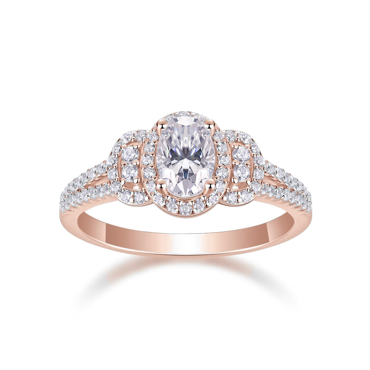 Violet Oval Moissanite Halo Engagement Ring in 18K rose gold plating, front view