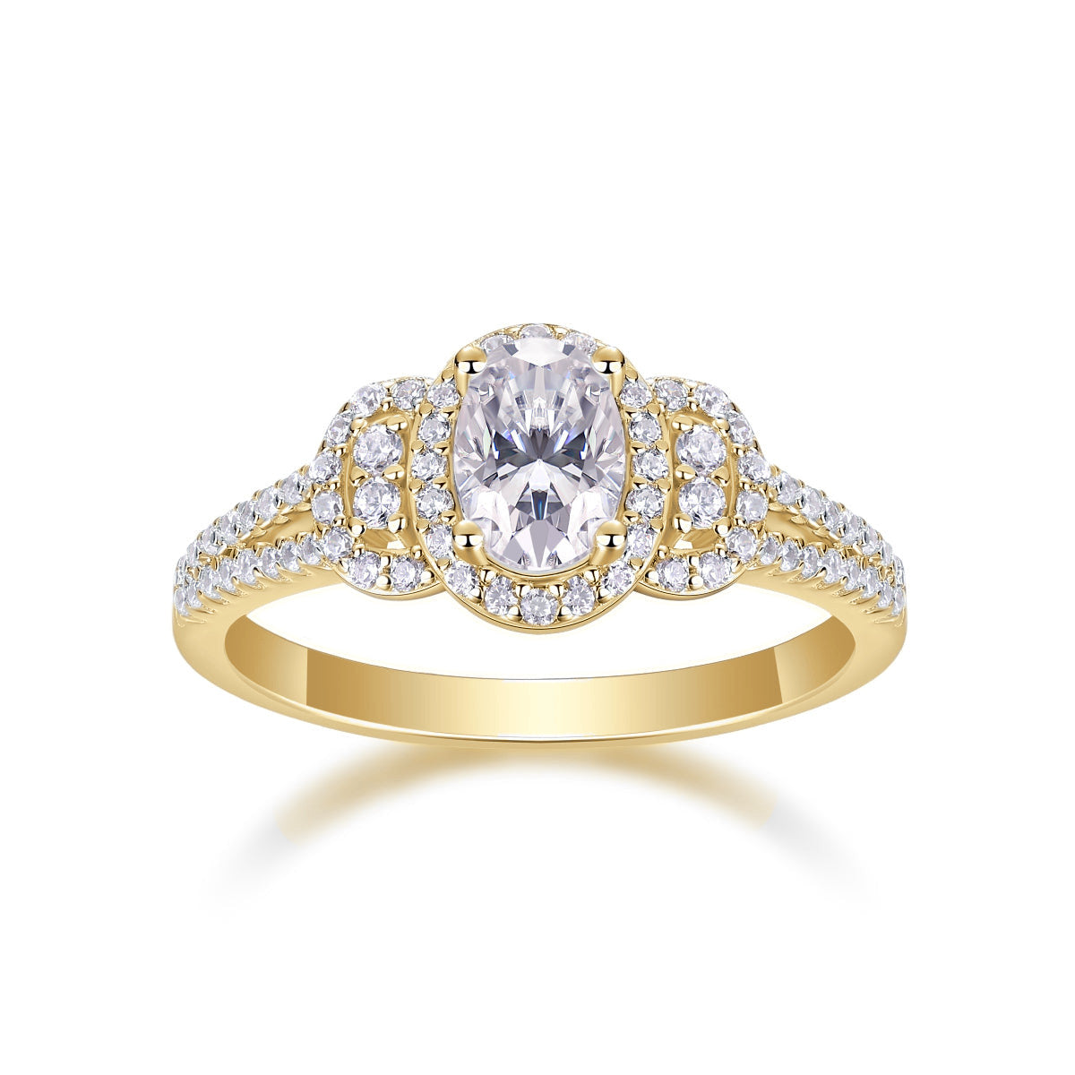 Violet Oval Moissanite Halo Engagement Ring in 18K yellow gold plating, front view