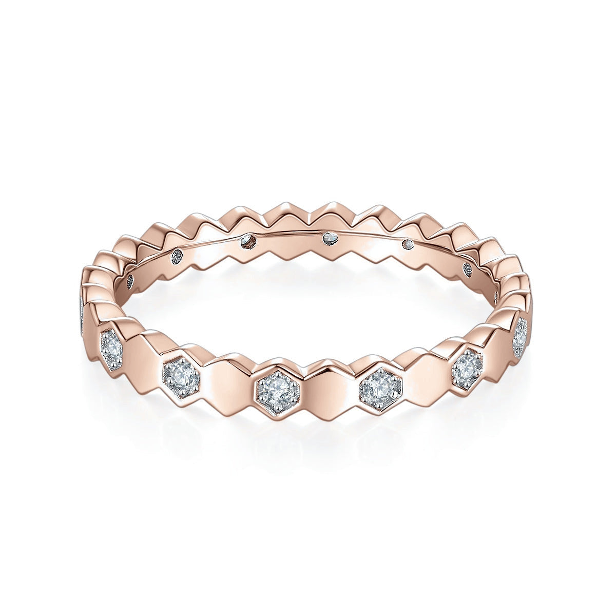 Willa Round Moissanite Stackable Eternity Band in 18K rose gold plating, front view