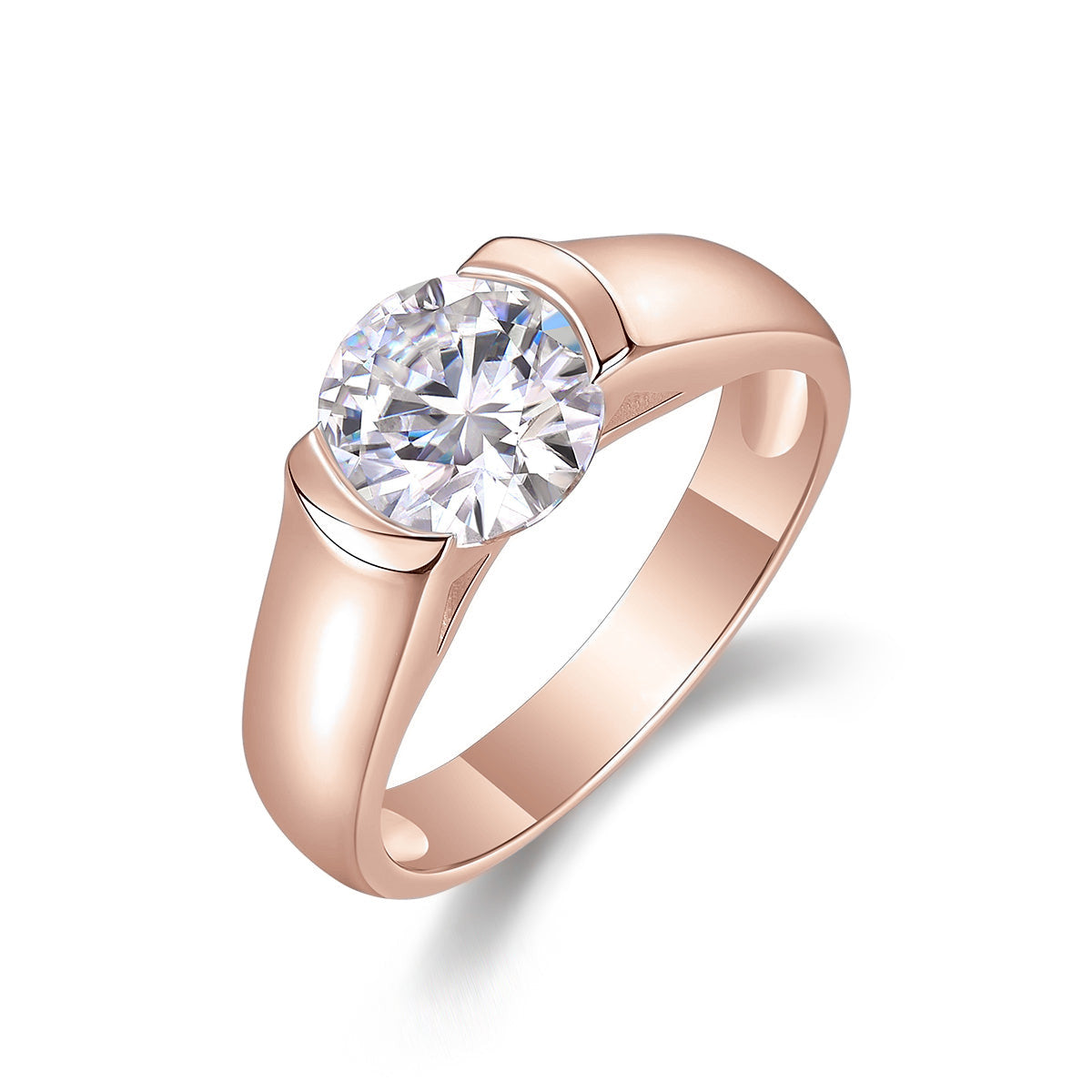 Yasmin Round Moissanite Half Bezel Engagement Ring in 18K rose gold plating
