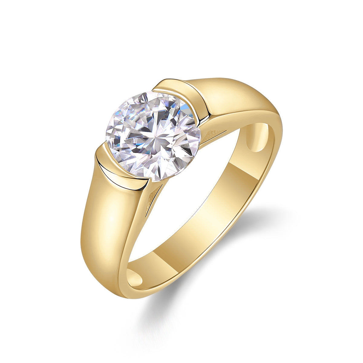 Yasmin Round Moissanite Half Bezel Engagement Ring in 18K yellow gold plating