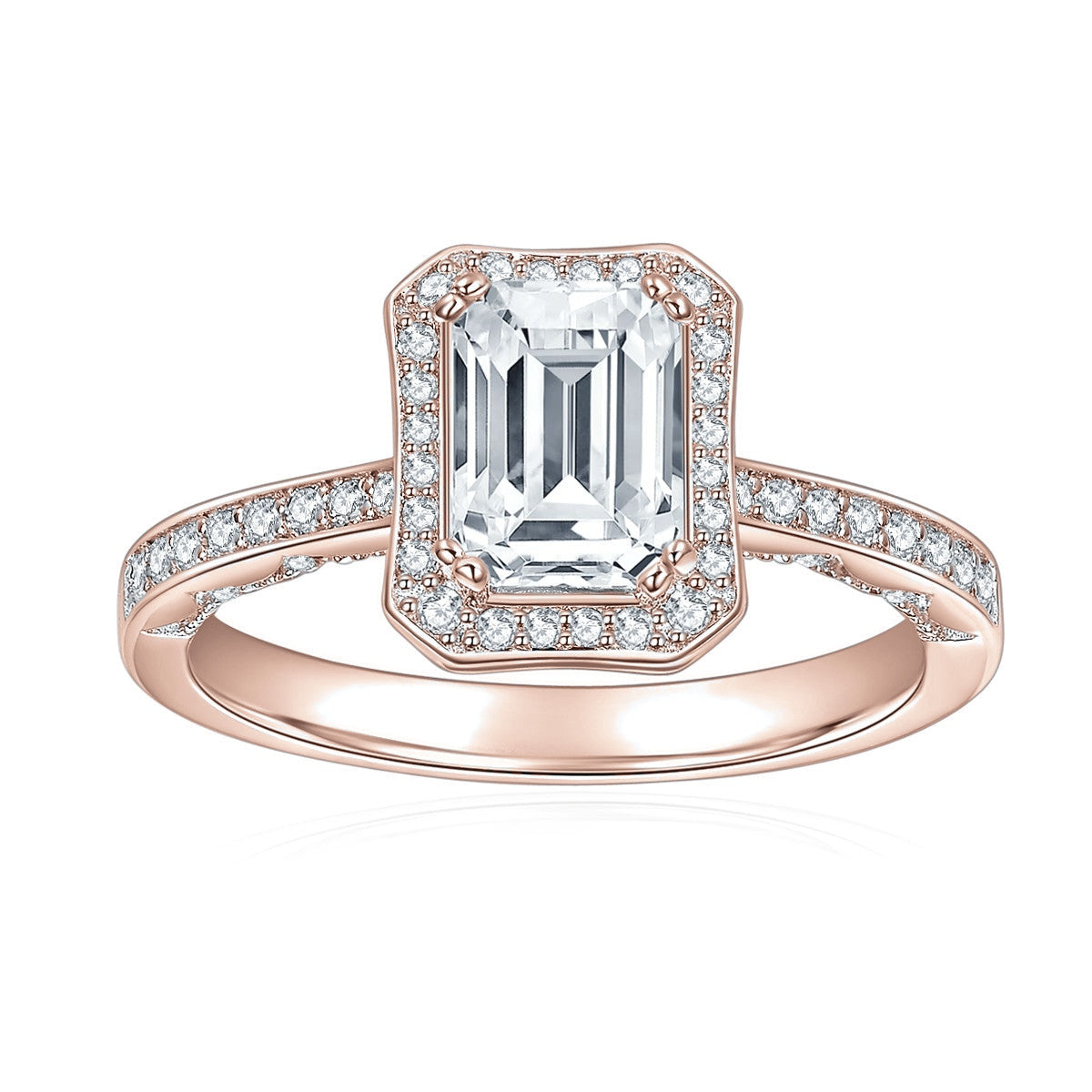 Yvette Emerald Cut Moissanite Halo Engagement Ring in 18K rose gold plating, front view