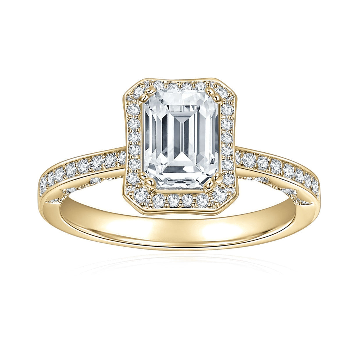 Yvette Emerald Cut Moissanite Halo Engagement Ring in 18K yellow gold plating, front view