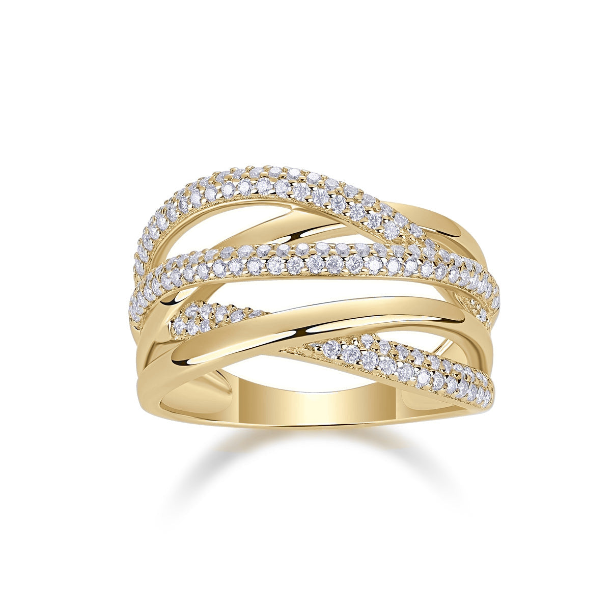 Zoe Moissanite Pavé Crossover Ring in 18K yellow gold plating, front view