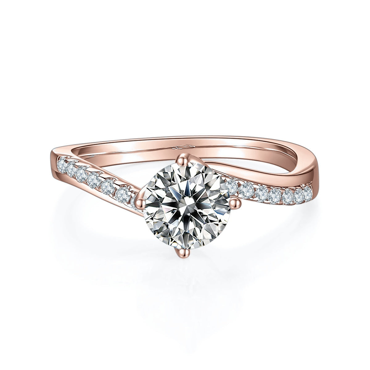 Zora Round Moissanite Pavé Bypass Engagement Ring in 18K rose gold plating, front view