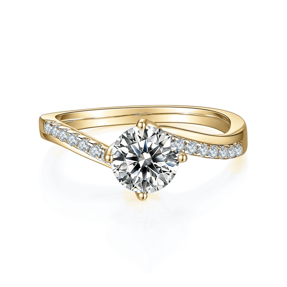 Zora Round Moissanite Pavé Bypass Engagement Ring in 18K yellow gold plating, front view